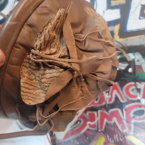 Brown Leather Ruffle Handbag Boho Chic Floral Accent Purse, Vintage-inspired - Picture 8 of 12
